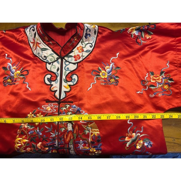 Vintage Chinese Silk Embroidered Robe Women Red Good Chinoiserie Duster Coat - Picture 13 of 14